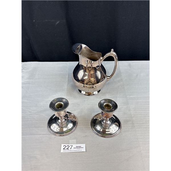 Vintage Silverplate 7" Tall Water Jug and Pair of Candleholders