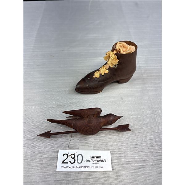 Vintage Hand Carved Wood Boot and Bird w/ Arrow