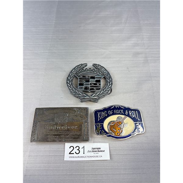 Vintage Cadillac Emblem, King of Rock and Roll and Budweiser Belt Buckles