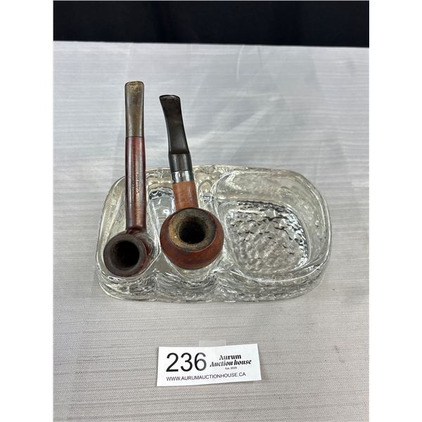 Mid-Century Cut Crystal Pipe Stand/Ashtray w/ Pipes (1 Sterling Band - Hallmarked)