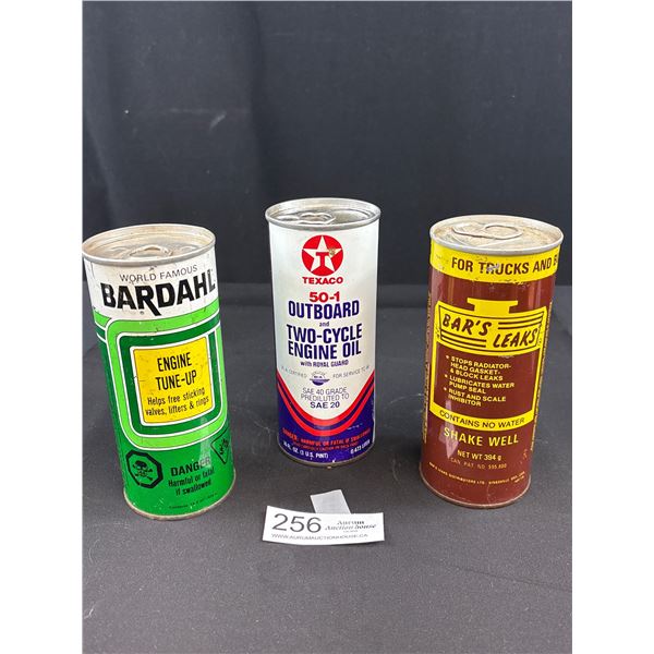Lot of 3 Full Automotive Tins, Texaco, Outboard, Bardahl Engine Tune Up and Bars Leaks