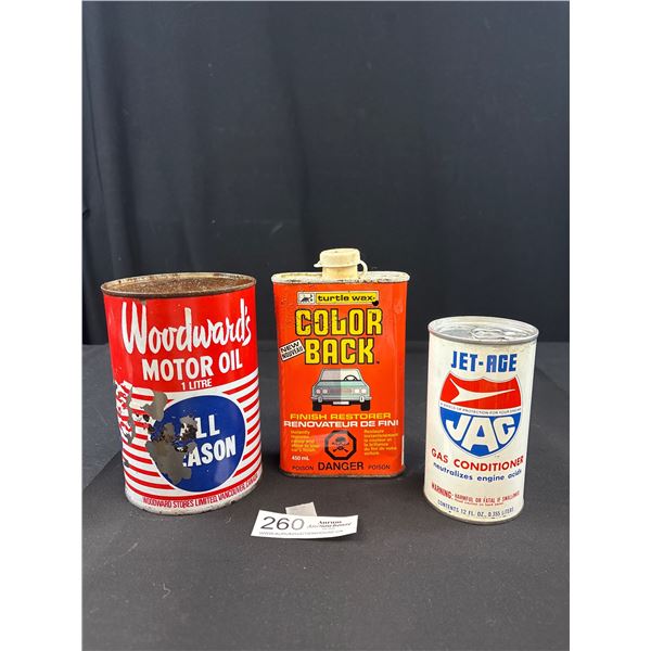 Lot of 3 Automotive Tins, Woodwards All Season, Jet Ace Gas Conditioner and Turtle Wax Finish Restor