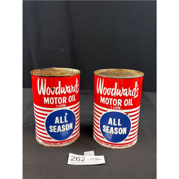 2 Full Woodwards All Season Motor Oil Tins Pin Holes on Top