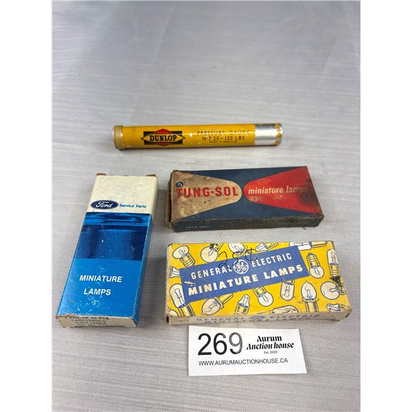 Vintage Automotive Collectible Lot of Ford G.E and Tounge Soul Lamps and Dunlop Tire Gauge