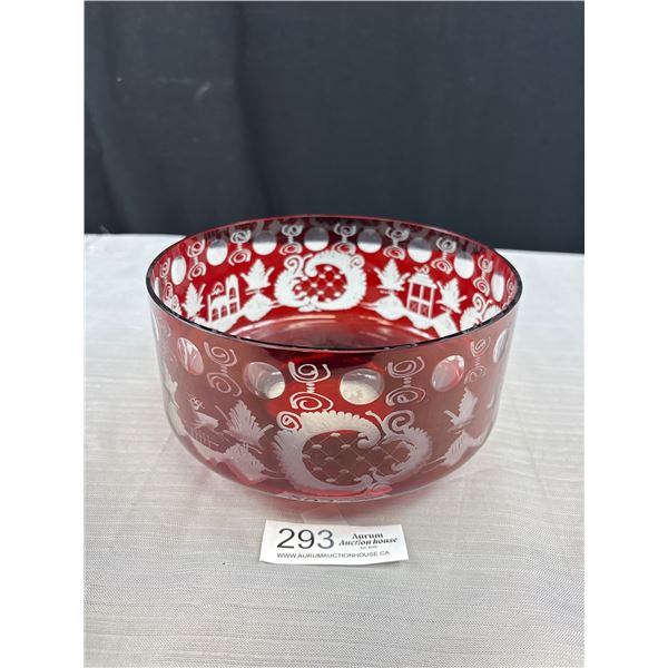 Vintage Egermann Czech Republic Ruby Red Crannberry Cut to Clear Glass Bowl 8" Diameter 4" Deep