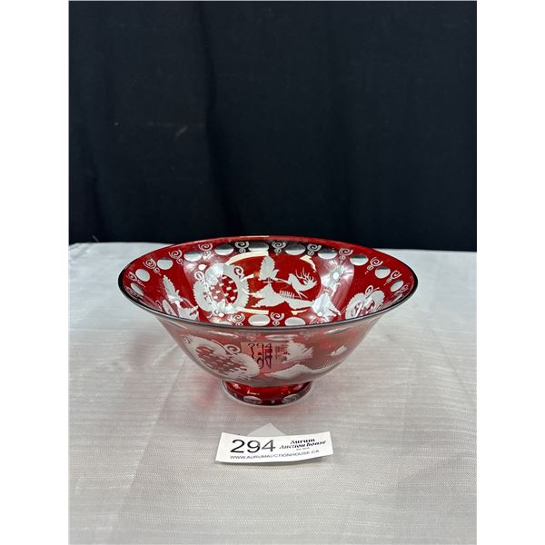 Vintage Egermann Czech Republic Ruby Red Crannberry Cut to Clear Glass Bowl 8" Diameter 4" Deep
