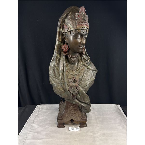 Superb Spelter Bust of Arab Princess w/ Headgear, Drop Earrings and Enamel Beadwork on a Square Brac