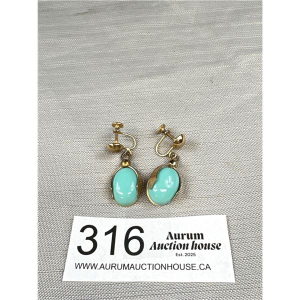 Vintage Gold Colour Screw On Pair of Earrings w/ Dangling Turquoise Pendants