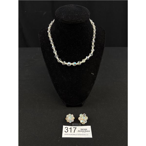 Vintage Crystal Beads Choker Necklace w/ Pair of Matching Earrings Set