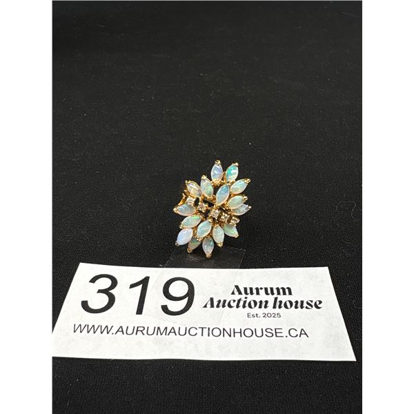 1970's Gold Colour Ring w/ Opalesque Stones, Marked MC SS, Ring Size 7