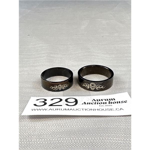 Pair of Black Metal Skull Design Wedding Rings, New Never Used, Sizes 12 + 15
