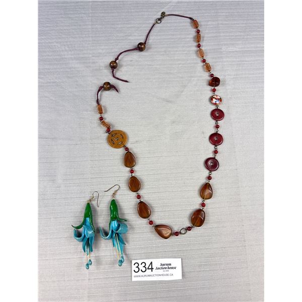 Hand Crafted Resin Pair of Earrings 3 1/2" Long + Extra Length Necklace