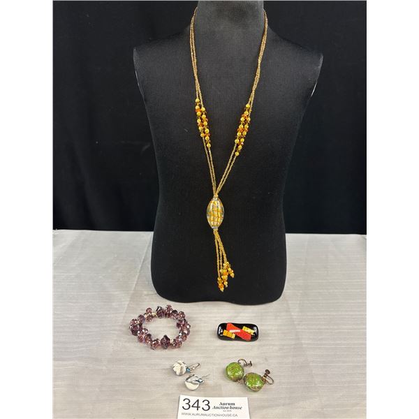 Vintage Venetian Glass Pendant Necklace + 2 Pairs of Earrings, Bracelet Brooch