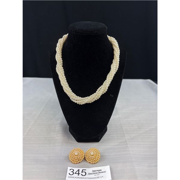 Vintage Twisted Multi Strands of Pearls Necklace + Pair of Earrings