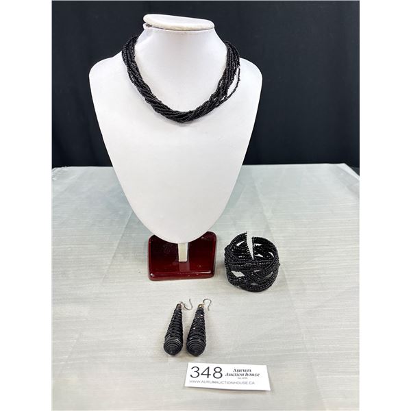 Vintage Black Jet Glass Necklace Open Cuff Bangle + Pair of Earrings