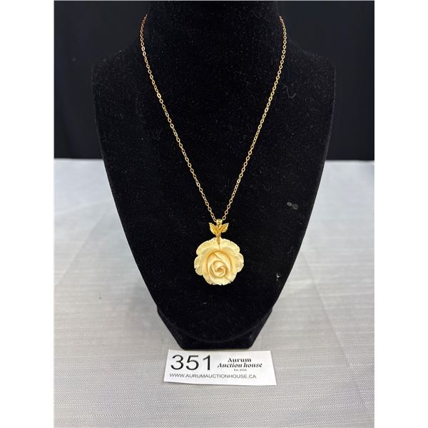 Vintage Gold Colour Chain w/ Genuine Hand Carved Ivory Rose Pendant Necklace