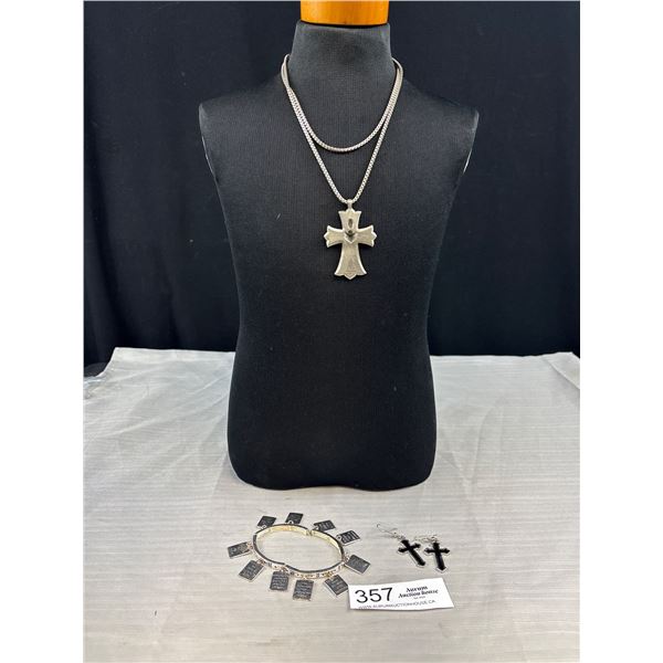 Vintage Pewter Cross w/ Chain Necklace 10 Comm. Bracelet + Pair Cross Earrings