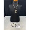 Image 1 : Vintage Pewter Cross w/ Chain Necklace 10 Comm. Bracelet + Pair Cross Earrings