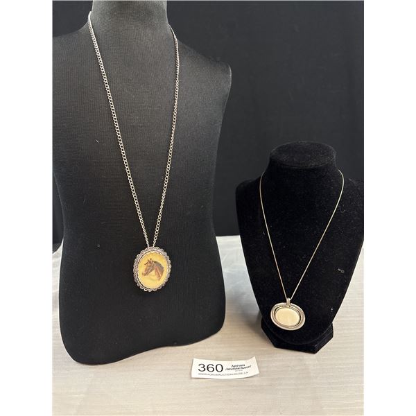 2 Vintage Silver Colour Chains w/ Pendants Necklaces