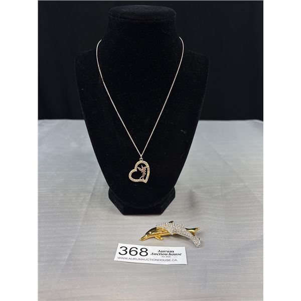 Vintage Signed Swarvoski Dolphin Brooch Pin and Signed Disney Tinkerbell