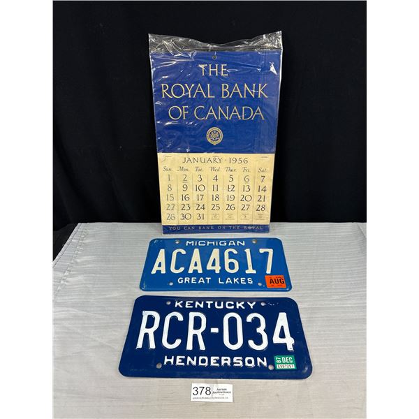 1956 Royal Bank Calendar + Michigan and Kentucky License Plate