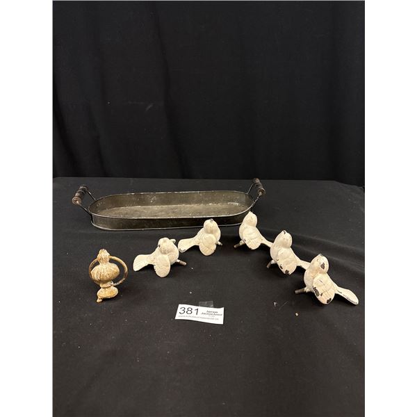 Lot of Vintage Cast Metal Bird Fence Tops + Tray