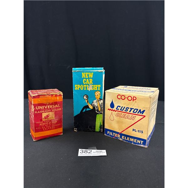 Lot of 3 Vintage Automotive Items in Box, New Car Spotlight, Co-op Custom and Universal Flashlight H