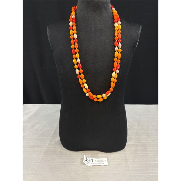 Vibrant Orange/Red Art Deco Czech Max Neiger Molded Glass Necklace from The 1930s Extra Long 49.5"