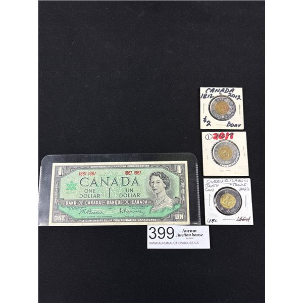 1967 Centenial $1 Bank Note + 3 Collectible Toonies
