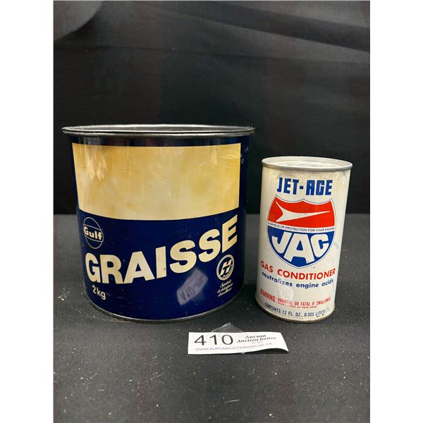 Lot of 2 Vintage Motor Tins, 1 Jet-Age JAG Gas Conditioner Full and One Gulf Graisse 2kg Full Tin