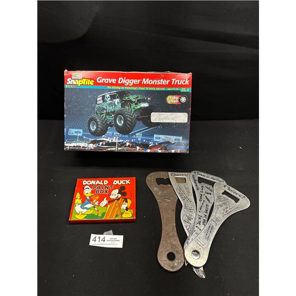 Misc Lot of Grave Digger Monster Truck, Vintage Donald Duck Paint Box and 4 Metal Bottle Openers