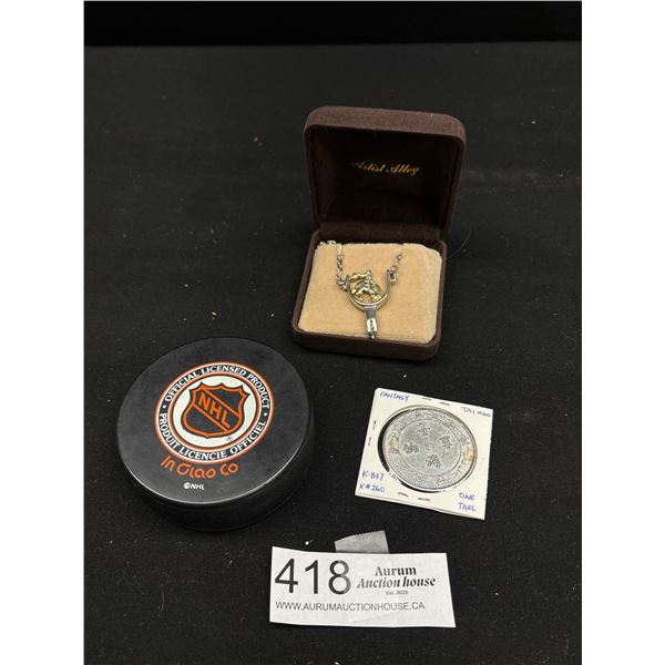 Misc Lot of NHL Hockey Puck, Fantasy Taiwan 1 Tael Coin and Western Cowboy Pendant Necklace