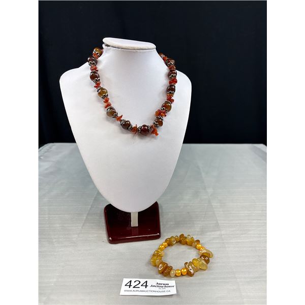 Natural Cornelian Stone + Beads Necklace + Stone Bracelet