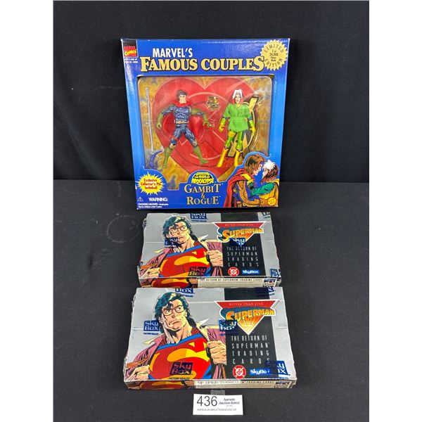 2 Sealed Boxes of Superman Trading Cards + Marvels Famous Couple Figurines In Box