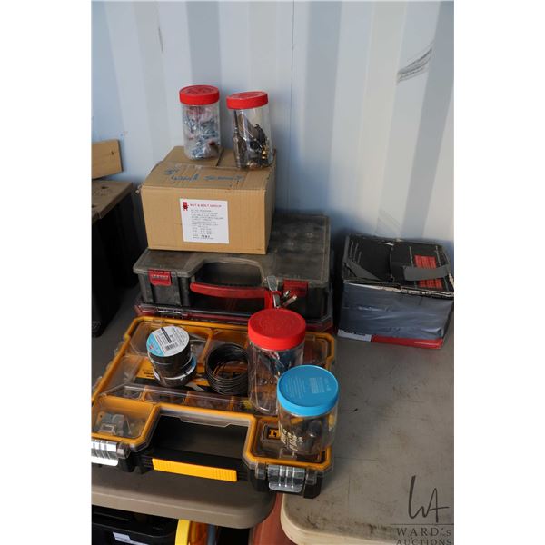 Selection of storage containers and contents including construction hardware, box of nails, box of s