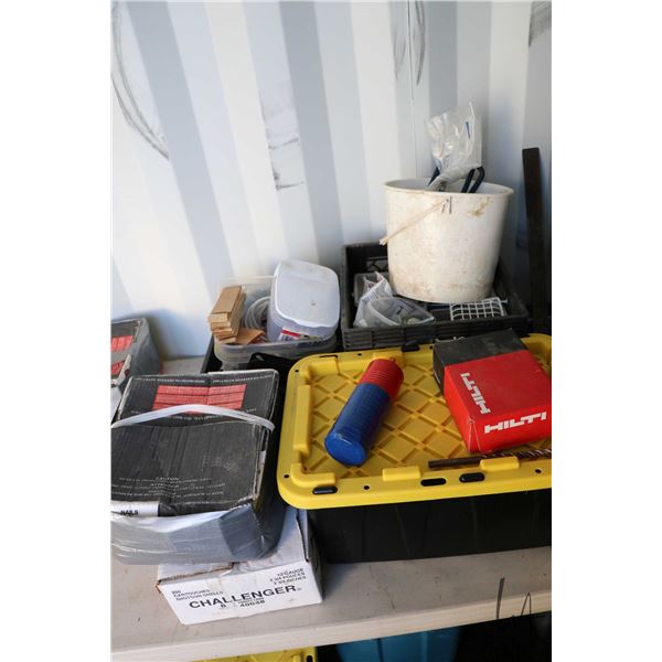 Milk crate plus plastic tub and contents including nails, screws, nuts and bolt, shims, tubing, cabl