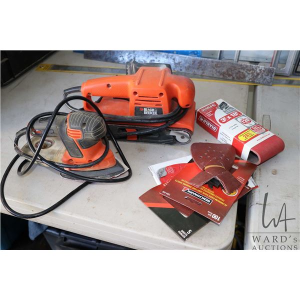 Black & Decker belt sander and palm sander, plus Benchmark and Diablo sanding papers