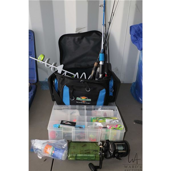 Flambeau soft carry case including a selection of fishing lures, weights, bobbers, fishing reel with