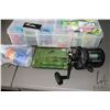Image 3 : Flambeau soft carry case including a selection of fishing lures, weights, bobbers, fishing reel with