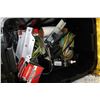 Image 2 : A black and yellow storage tote filled with boat and trailer repair supplies and a milk crate with a