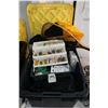 Image 1 : A selection of fishing supplies including green tacklebox with lures and weights, small case with ad
