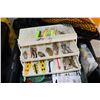 Image 2 : A selection of fishing supplies including green tacklebox with lures and weights, small case with ad