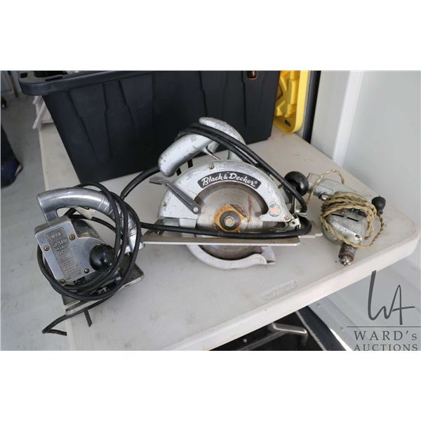3 vintage silver power tools including a Black and Decker circular saw, a WEN Model 909 All Saw, and