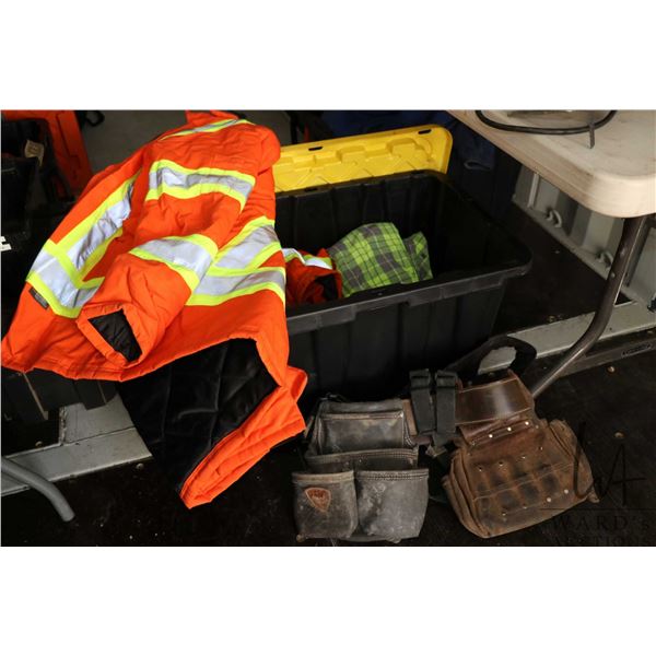 Selection of outdoor work clothing including a Tough Duck Hi-Vis jacket, assorted Hi-Vis clothes, an
