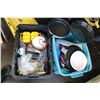 Image 1 : Large selection of camping supplies including pots and pans, dishes, cutlery, and other cooking rela