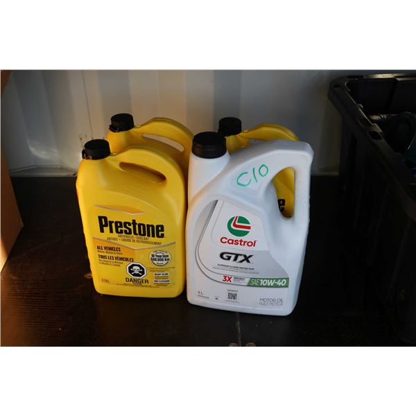 4 jugs of automotive fluids including one 5L jug of Castrol GTX 10W-40 motor oil and three3.78L jugs