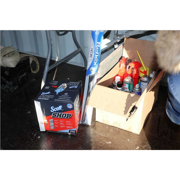 Seletion of garage cleaning supplies and lubricants, a partial can of window foam, a partial box of 