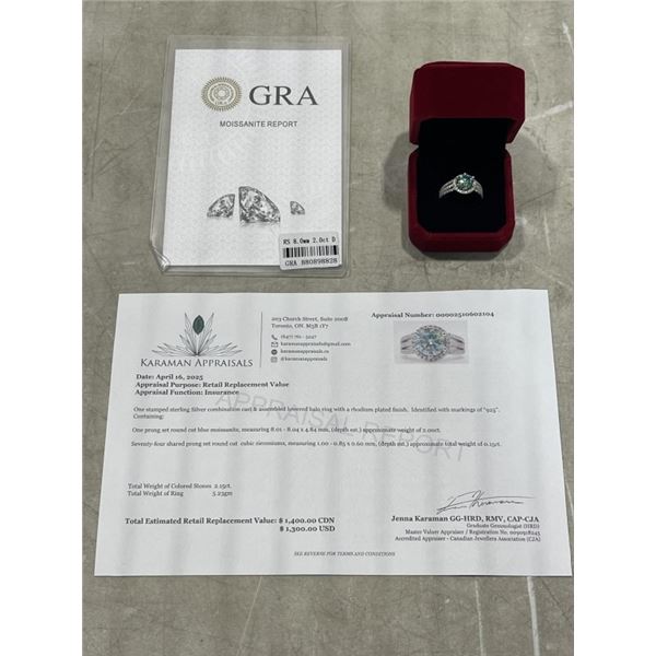 2.00 CT GRA CERTIFIED ROUND BRILLIANT CUT MOISSANITE STONE VVS BLUE COLOR WITH 74 ROUND BRILLIANT CU