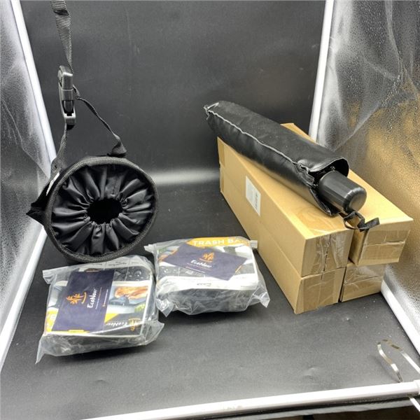 FIVE NEW UMBRELLA STYLE WINDSHIELD SUNSCREENS AND FOUR TUBE AUTOMOTIVE TRASH RECEPTACLES