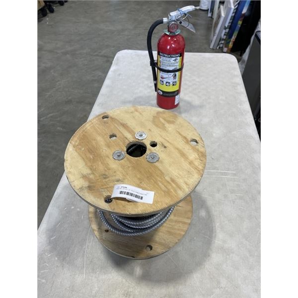 PARTIAL SPOOL OF TECK CABLE AND FIRE EXTINGUISHER, CHARGED